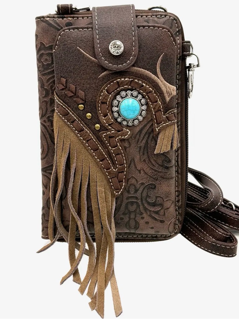 Fringed Western Crossbody Phone Wallet - Brown With Turquoise Accent